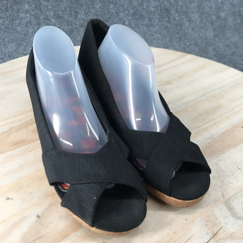 Zapatos George para mujer 7 zapatos de salón de sauce cuña de corcho tela negra punta abierta punta abierta Foto 3 de 4