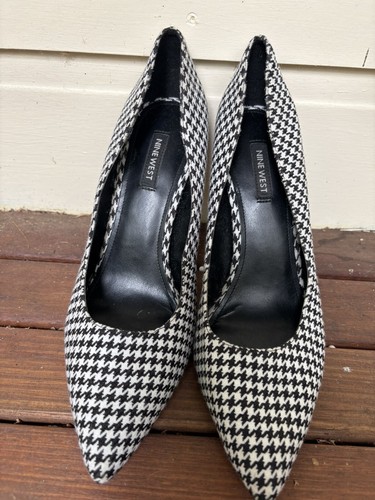 BLACK WHITE DOG TOOTH NINE WEST HIGH STILETTO COURT SHOES PUMPS FABRIC SIZE 10 M - Picture 2 of 7