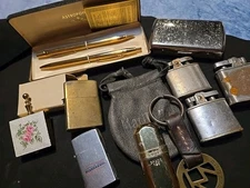 Vtg Guilloche Enamel  Portable Pocket Ashtray Brass Lighter Marlboro Ronson Lot+