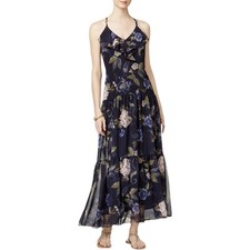 MSK Navy Floral Chiffon Ruffle V-Neck Drop Waist Tiered Maxi Dress  Gown 12