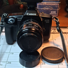 Canon EOS 650 Black 35mm SLR Film Camera w/ Sigma Lens, Hot Shoe Flash, Strap