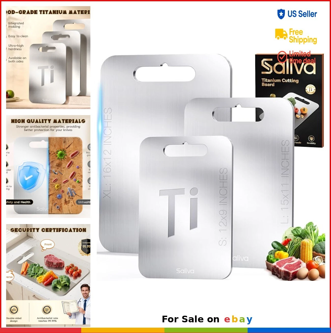 Titanium Cutting Boards Set of 3 Double Sided Non Toxic Dishwasher Safe S M L
