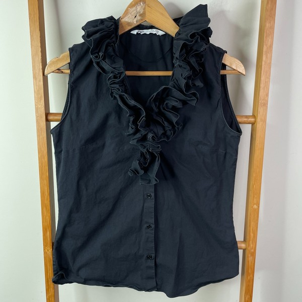 Zara Blouse Top Womens Small Black Ruffle Front Sleeveless Button Up V-Neck