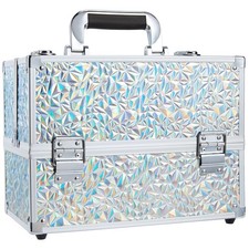 Glitter Silver 11.8 Inch Makeup Case Cosmetic Train Organizer 6 Trays Lock