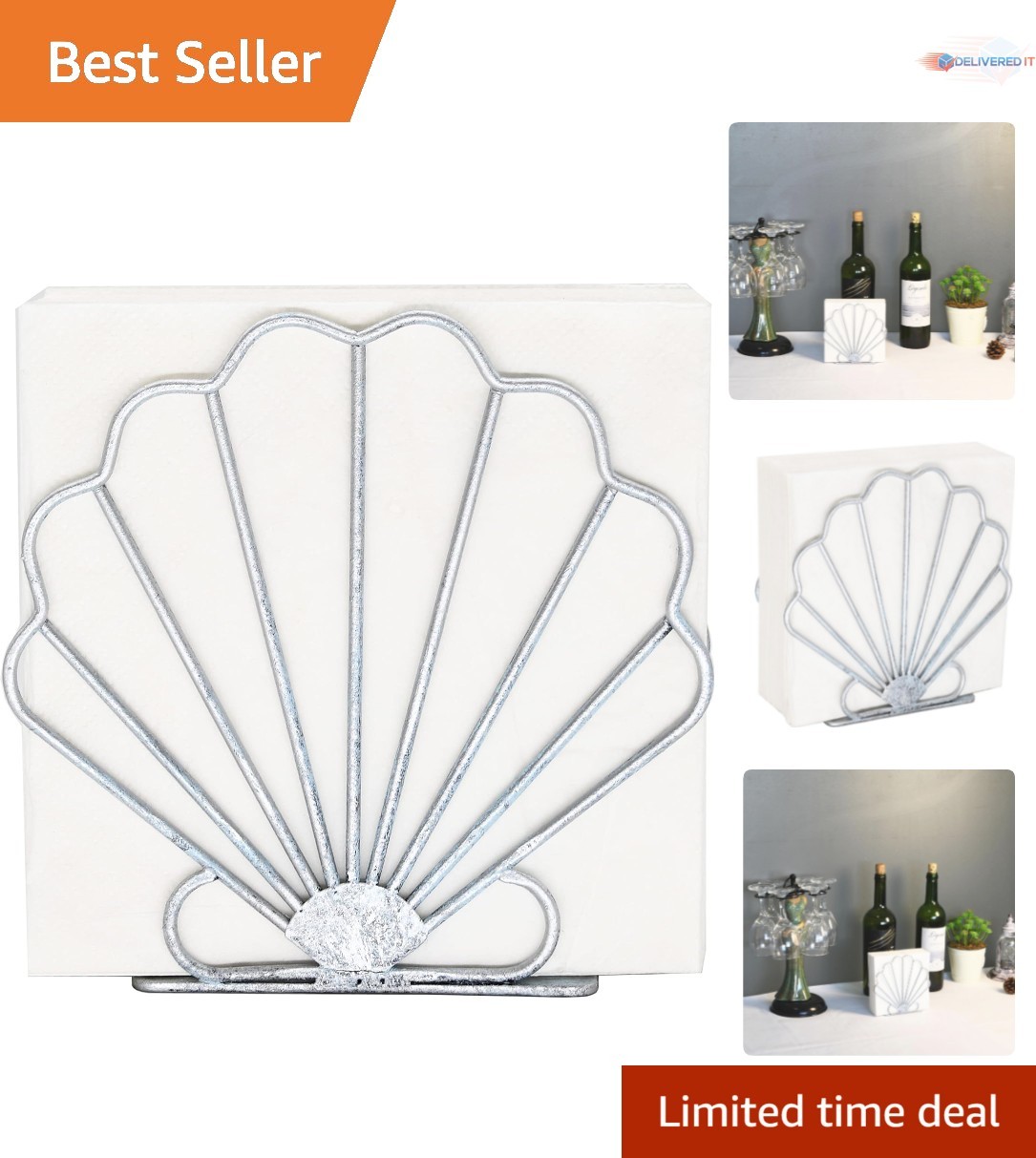 Seashell Napkin Holder Nautical Beach Decor Metal Storage Tabletop Coastal
