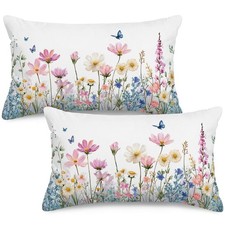 Spring Wildflower Lumbar Pillow Cover 12x20 Inch Set of 2, White Linen Double...