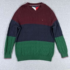 Tommy Hilfiger Sweater Mens XXL Colorblock Cable Knit Crest Cotton Preppy
