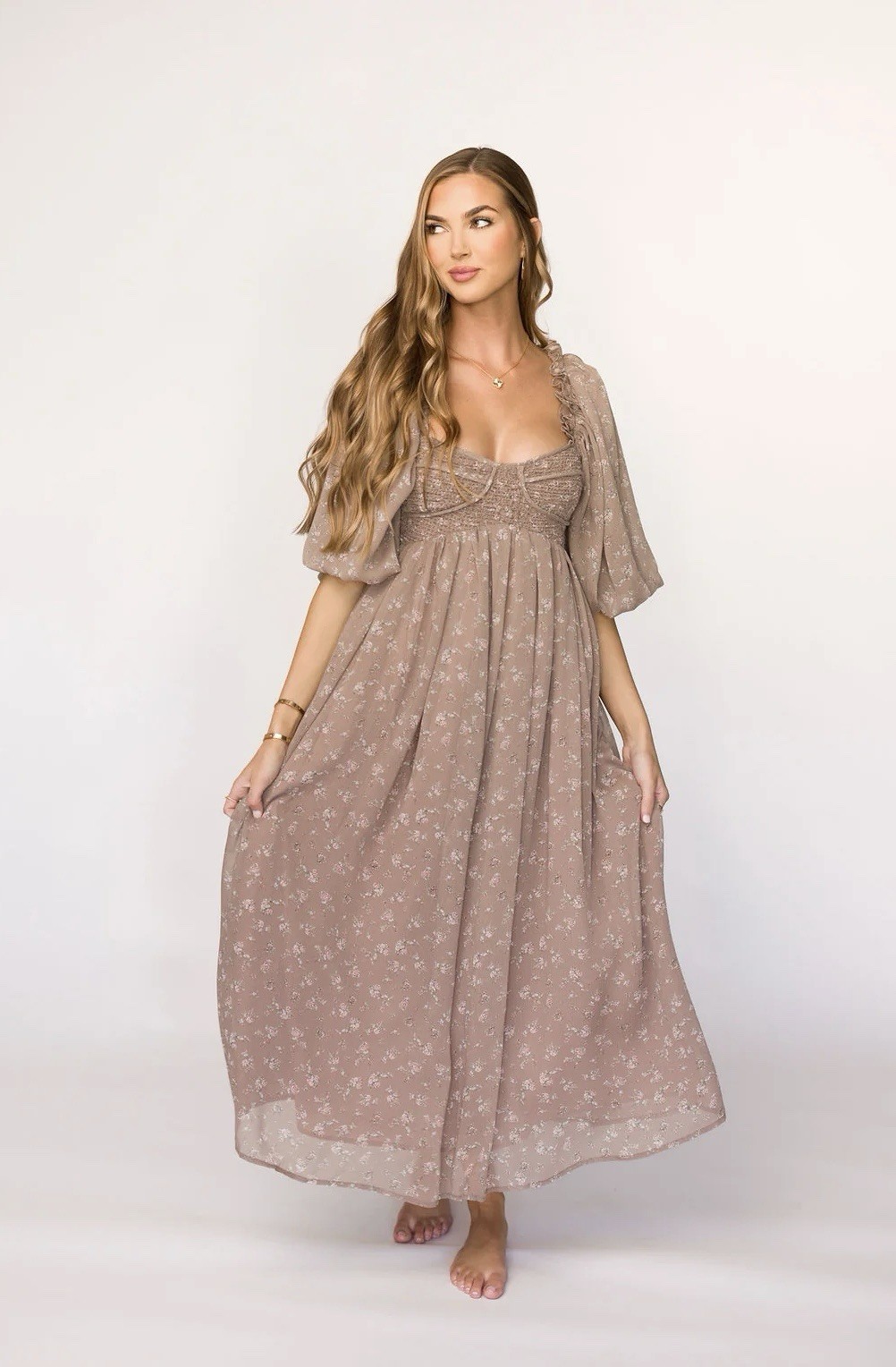 Worth Collective Women’s L Harlow Maxi Dress in Taupe Floral - Bump Friendly