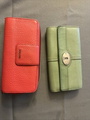 2 Fossil Wallets, Sydney Tab Orange Wallet And Green Wallet