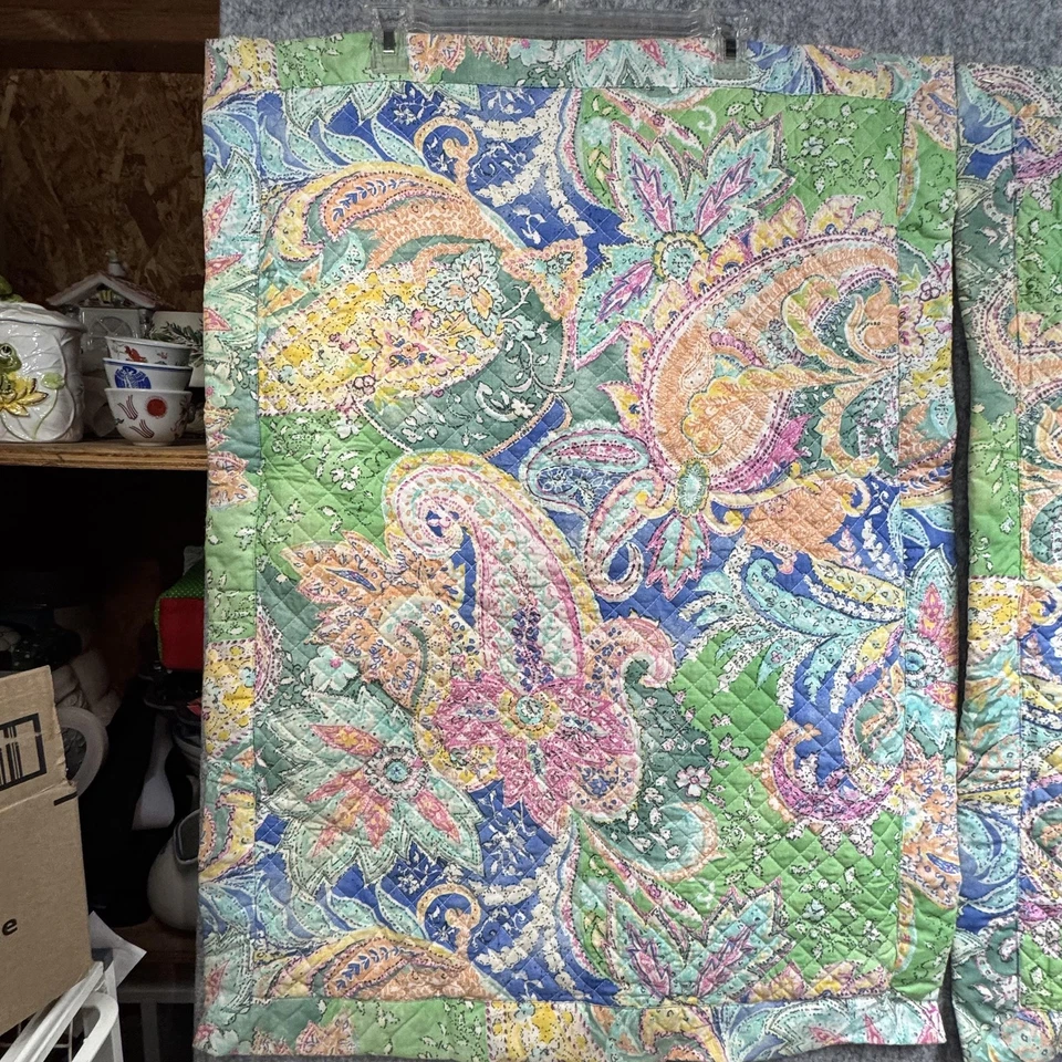 Ralph Lauren Pillow Shams Queen (2) Flying Point Paisley Cotton Green - Image 3 of 4