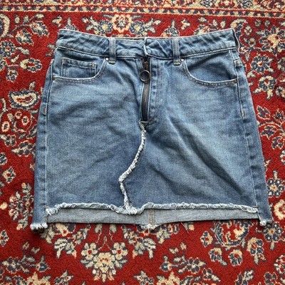 Pacsun Women Denim Skirt Size 26 Blue Distressed Raw Edge Loop Zipper Pull Y2K