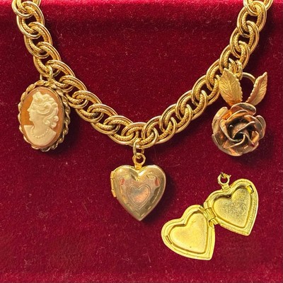 Vintage Estate 12k Gold Filled Charm Bracelet + GF HEART LOCKET, Cameo, Rose