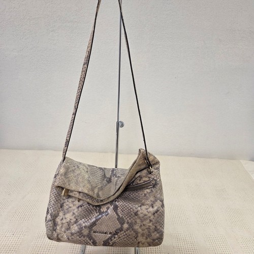 Michael Kors Python Embossed Leather Shoulder Bag Taupe Gold Hardware