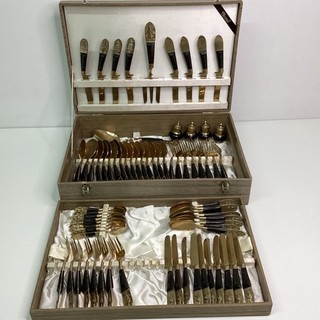Vintage 72 Piece Siam Brass Cutlery Flatware Set w/ Wooden Case (E1) W#600