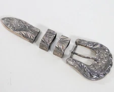 VINTAGE Clint Orms Sterling Silver "Lasso" Engraved 4 Piece Belt Buckle Set 1"