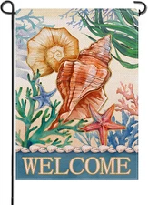 Welcome Spring Summer Conch Small Decorative Garden Flag, Beach Coastal Coral St