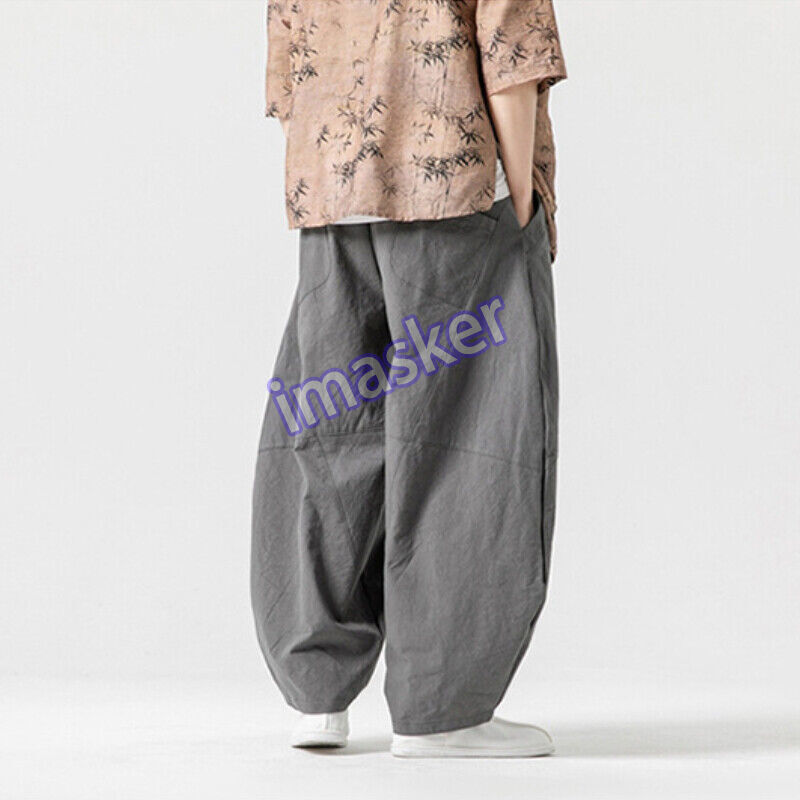 Men's Loose Cotton Linen Kung Fu Pants Elastic Waist Casual Trousers