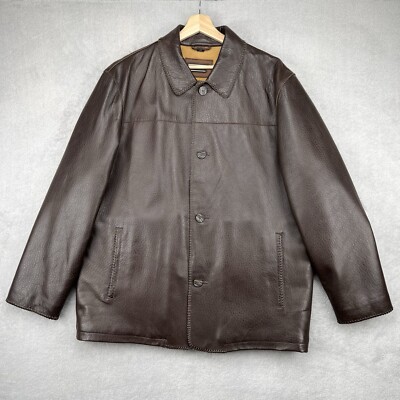 Robert Comstock Vertical Leather Jacket Mens L Brown Button Up Quilted Lining