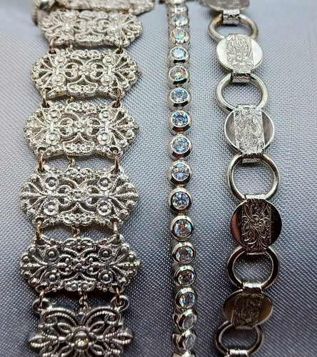 3 Silver Tone Bracelets Tennis Bracelet, Filigree Panel Bracelet, & Round Link