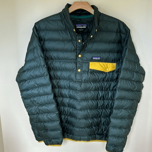 Patagonia Down Snap T Pullover Puffer Coat Jacket Green Yellow Mens XL - Picture 2 of 7