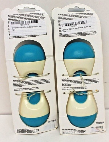 LOT OF 2- JW Pet EverTuff LG Squeaky Barbell Dog Trt Toy Chicken Flav Blue 46118 - Picture 4 of 4