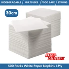 500 White Paper Napkins 30cm 1-Ply White Serviettes For Restaurants, BBQs, Party