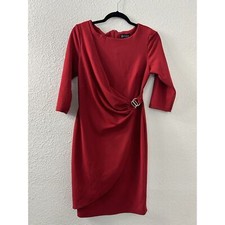 Enfocus Studio Faux Wrap Sheath Dress 4 Red 3/4 Sleeve Buckle Office Dress
