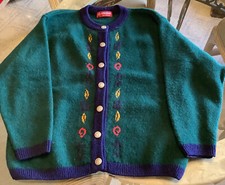 Vintage PITLOCHRY Scotland 100 Shetland Wool Button down Cardigan L 42/44 Green
