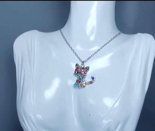 Coloured Rhinestone Cat Pendant Necklace & Bracelet Set. Silverplated. Boxed. - Picture 6 of 24