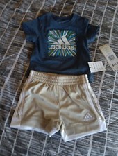 Adidas Boys Shorts  T-Shirt Outfit Set Size 3MBlue/ Beige Breathable Fabric