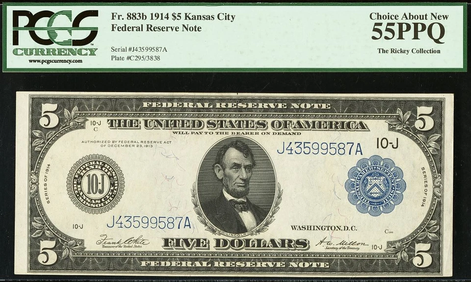 1914 $5 Federal Reserve Note PCGS - Top Pop Highest Graded Kansas City - Fr 883b - Image 4 of 4