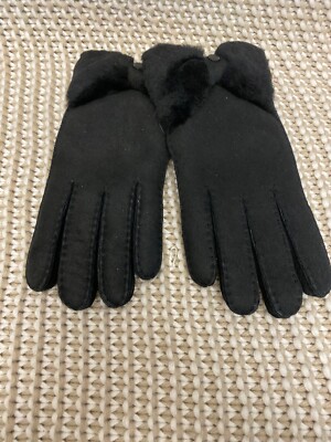 UGG BLACK SHEEPSKIN BOW WINTER GLOVES WOMEN LARGE~ NEW WITH TAGS