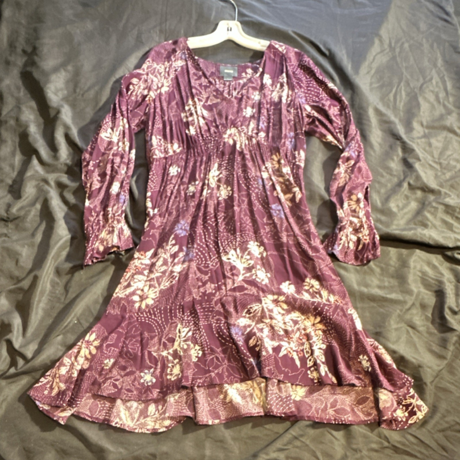 Maeve Mini Dress Purple Pink Floral V-Neck Long Sleeve Knee Length Size L