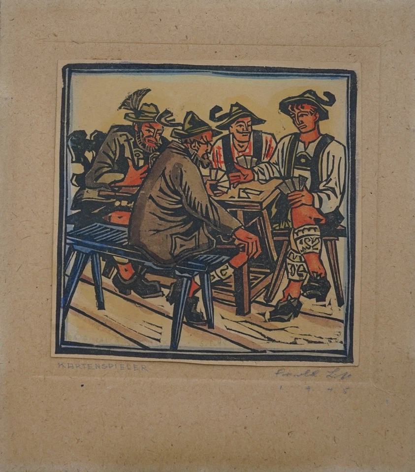 Kartenspieler Farbholzschnitt Tirol signiert - Bild 4 von 4