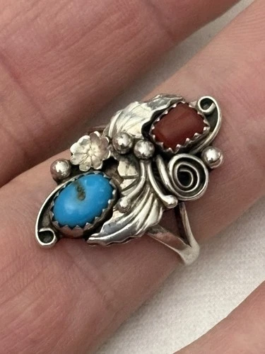 Vintage Native Signed Sterling Silver Turquoise Red Coral Floral Ring Sz7, 4.4g