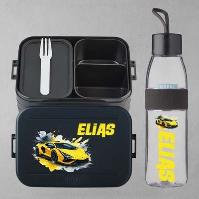 Personalisierte Mepal Brotdose und Flasche | Rennwagen Auto Lamborghini Fahrer
