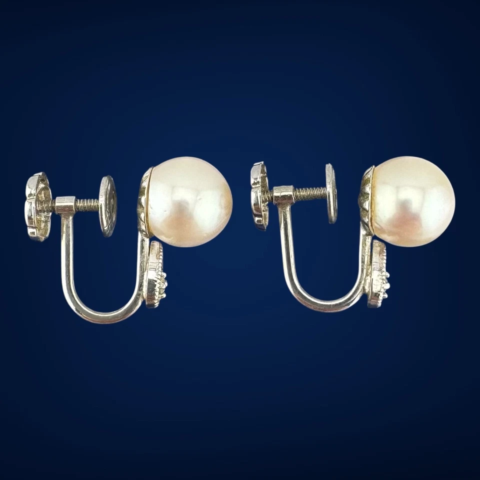Vintage 14K White Gold Pearl & Diamond Screw Back Earrings 7.3mm 2.1g - Image 4 of 4