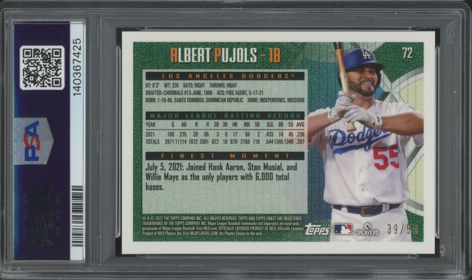 2022 Topps Finest Flashbacks Gold Refractor Albert Pujols /50 Gem Mint PSA 10 view 2