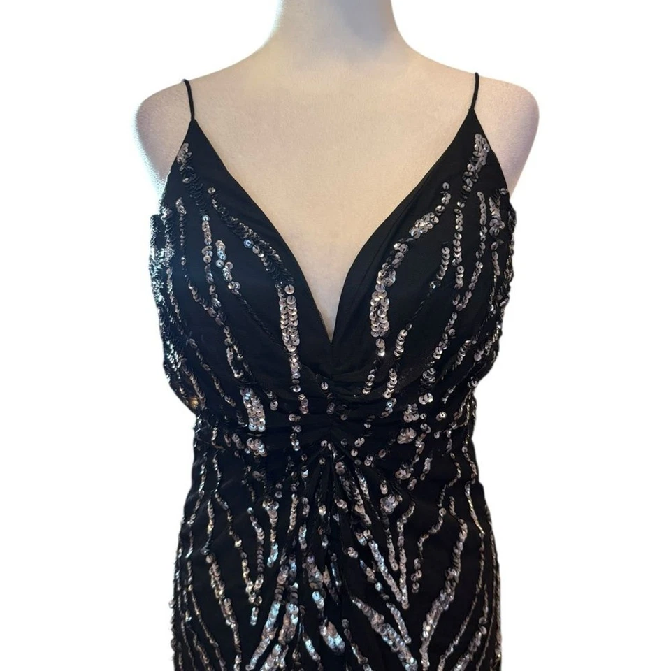 Sean Collection Black Silver Sequin Maxi Dress Open Back Chiffon Womens Large - Image 4 of 4