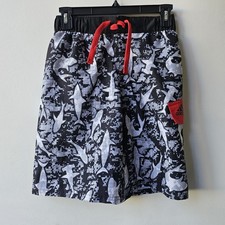 NEW Adidas Boys Pull-On Board Shorts Swim Trunks w Cargo Pocket- Shark Print - M