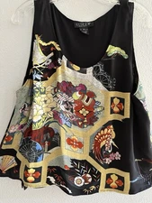 Citron Santa Monica XL Silk Shell Oriental Garden Print Black Boho Artwear Top