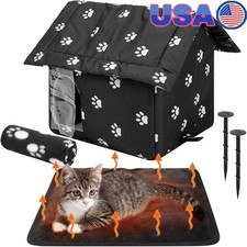 Outdoor Cat Shelter Waterproof Feral Cat House W/ Self Warming Pad Blanket New