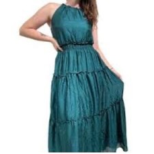 Taylor Emerald Green Jacquard Floral Halter Maxi Dress Smocked Waist Size 10
