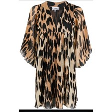 Ganni Pleated Leopard Print Babydoll V Neck Dress XL NWT
