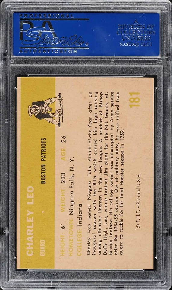 1961 Fleer FB Card #181 Charley Leo Boston Patriots ROOKIE RC PSA 8 NM-MT - Image 2 of 2