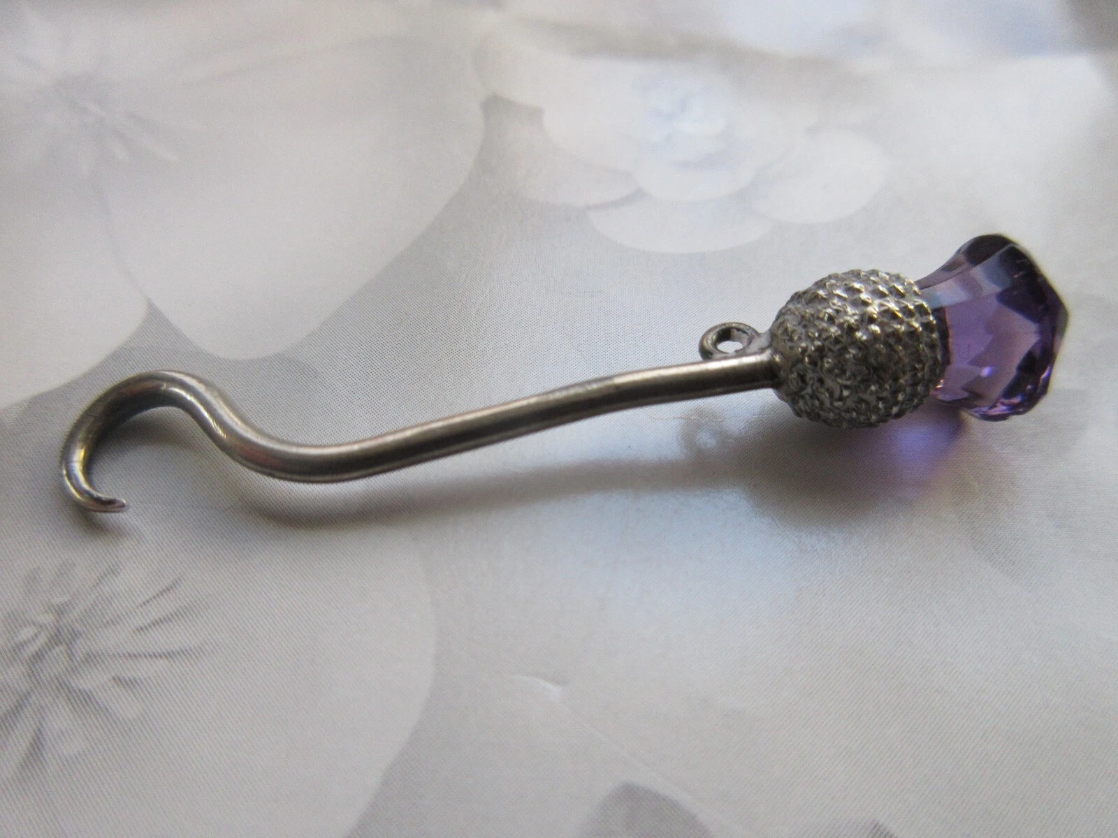 Antique English Sterling Button Hook Amethyst Colored Glass Thistle Top