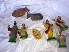 Vintage Christmas Nativity Figures Oxen Baby Jesus Manger Mary Wisemen Donkey