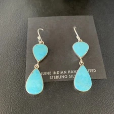 Kingman Turquoise Handmade Navajo Sterling Silver Dangle Earrings 1.75" 13897