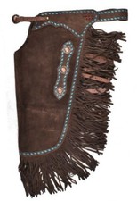 Dark Brown Suede Leather Chinks Chaps with Turquoise Buckstitch Rodeo NEW