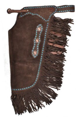 Dark Brown Suede Leather Chinks Chaps with Turquoise Buckstitch Rodeo NEW